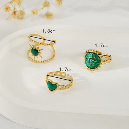 Juego De Anillos Con Diseño Abierta Con Corazón Y Sol  De Acero Inoxidable Chapado En Oro 14K