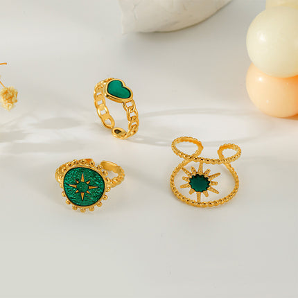 Juego De Anillos Con Diseño Abierta Con Corazón Y Sol  De Acero Inoxidable Chapado En Oro 14K