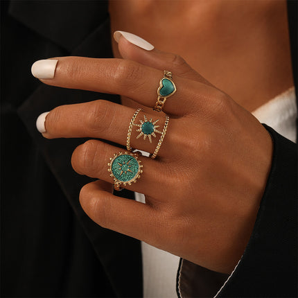 Juego De Anillos Con Diseño Abierta Con Corazón Y Sol  De Acero Inoxidable Chapado En Oro 14K