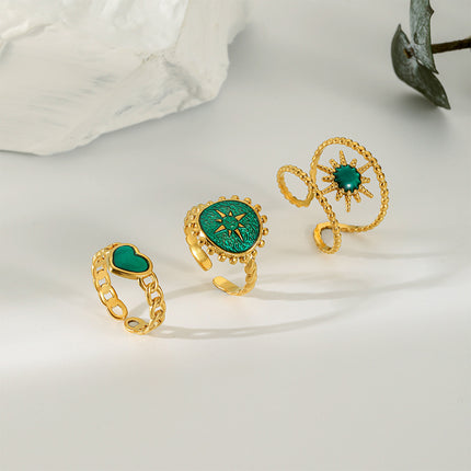 Juego De Anillos Con Diseño Abierta Con Corazón Y Sol  De Acero Inoxidable Chapado En Oro 14K