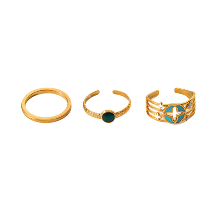Juego De Anillos Ajustables De Trébol Con Esmalte Tres Piezas De Acero Inoxidable Chapado En Oro 14K