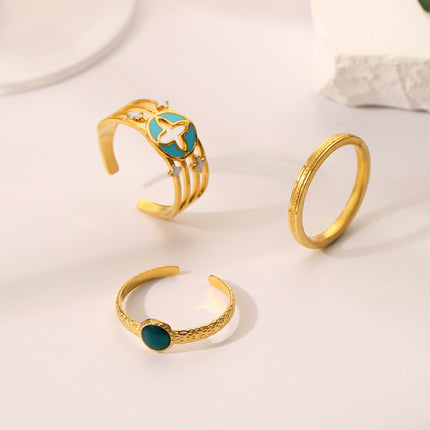 Juego De Anillos Ajustables De Trébol Con Esmalte Tres Piezas De Acero Inoxidable Chapado En Oro 14K
