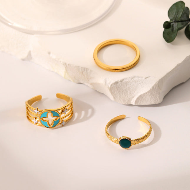Juego De Anillos Ajustables De Trébol Con Esmalte Tres Piezas De Acero Inoxidable Chapado En Oro 14K