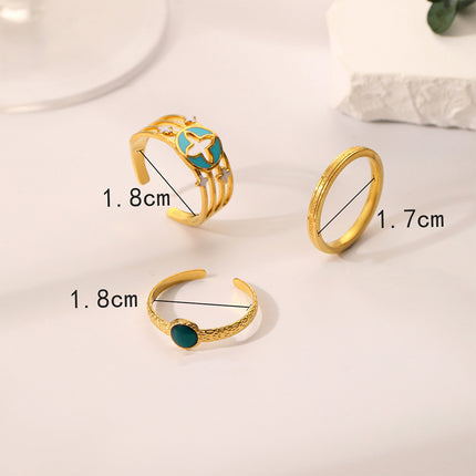 Juego De Anillos Ajustables De Trébol Con Esmalte Tres Piezas De Acero Inoxidable Chapado En Oro 14K