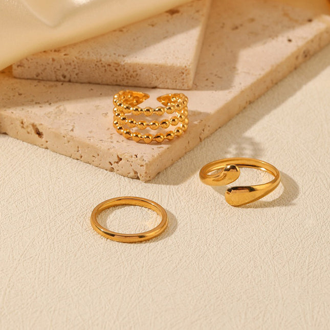 Juego De Anillos Ajustable En Forma De Gota De Acero Inoxidable Chapado En Oro 14K