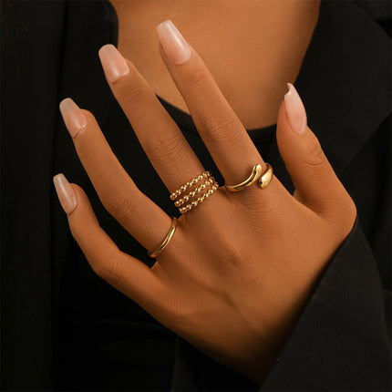 Juego De Anillos Ajustable En Forma De Gota De Acero Inoxidable Chapado En Oro 14K
