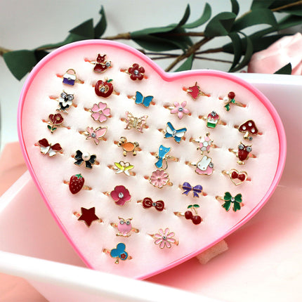 Caja De 36 Anillos De Aleación Para Niñas, Diseño Lindo Y Colorido