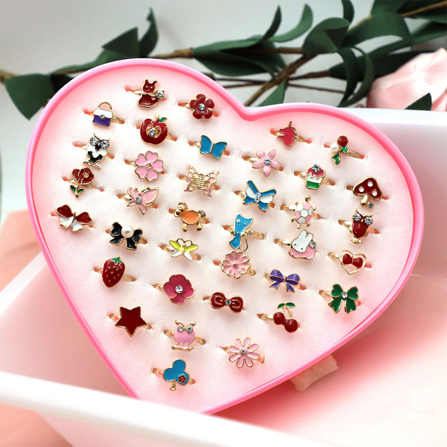 Caja De 36 Anillos De Aleación Para Niñas, Diseño Lindo Y Colorido