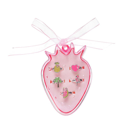 Set De 5 Anillos Para Niños Ajustables Con Caja De Fresa Rosa, Diseño Lindo