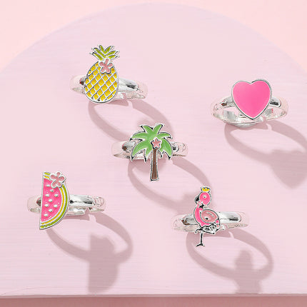 Set De 5 Anillos Para Niños Ajustables Con Caja De Fresa Rosa, Diseño Lindo
