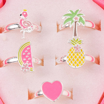 Set De 5 Anillos Para Niños Ajustables Con Caja De Fresa Rosa, Diseño Lindo