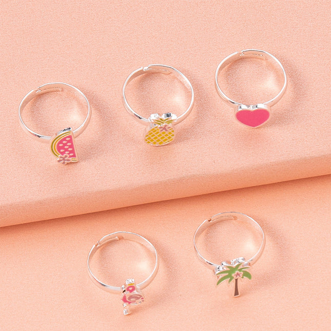 Set De 5 Anillos Para Niños Ajustables Con Caja De Fresa Rosa, Diseño Lindo