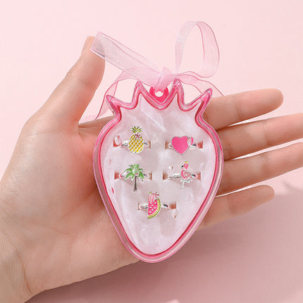 Set De 5 Anillos Para Niños Ajustables Con Caja De Fresa Rosa, Diseño Lindo