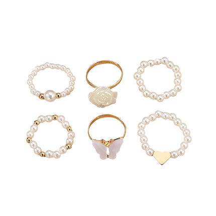 Set De 6 Anillos De Moda Con Perlas, Diseño De Mariposa Y Flor Camelia