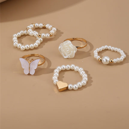 Set De 6 Anillos De Moda Con Perlas, Diseño De Mariposa Y Flor Camelia