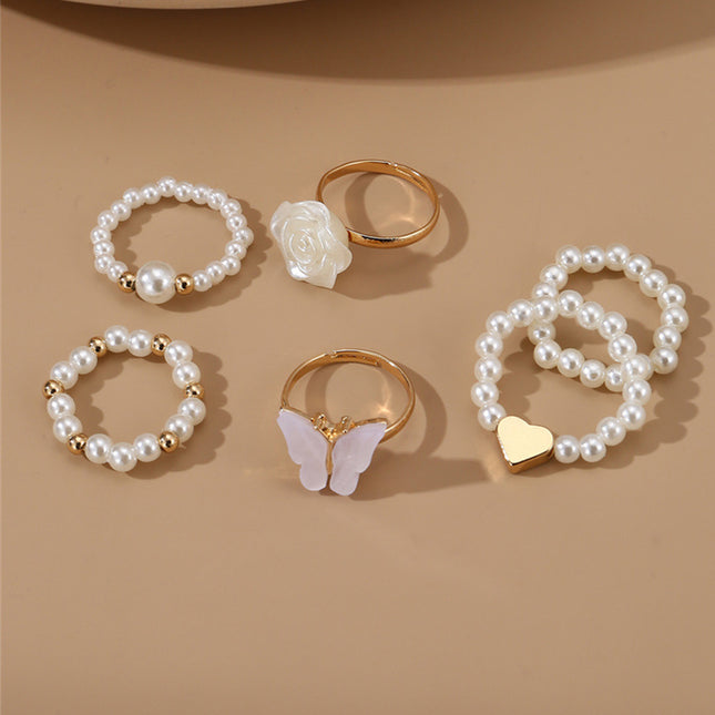 Set De 6 Anillos De Moda Con Perlas, Diseño De Mariposa Y Flor Camelia
