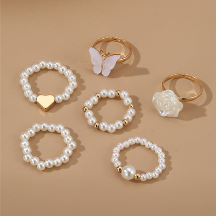 Set De 6 Anillos De Moda Con Perlas, Diseño De Mariposa Y Flor Camelia