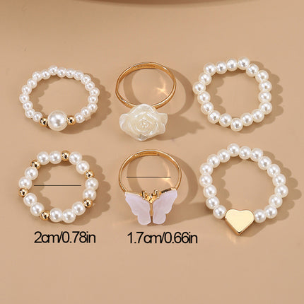 Set De 6 Anillos De Moda Con Perlas, Diseño De Mariposa Y Flor Camelia