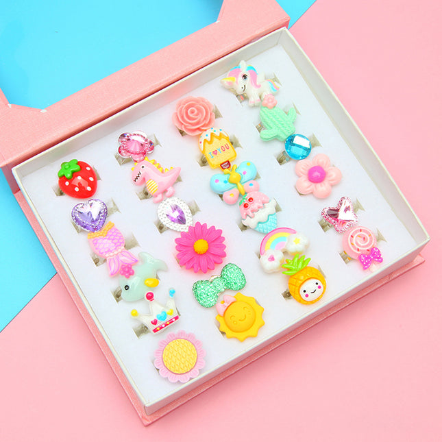 Set De 24 Anillos Para Niños Ajustables Con Piedras De Resina En Caja