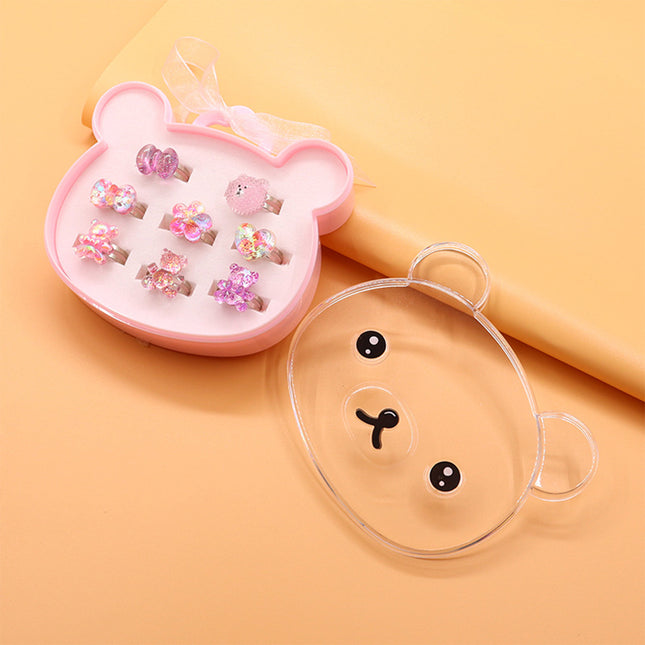 Set De 8 Anillos Infantiles De Resina Con Caja De Panda, Diseños Adorables