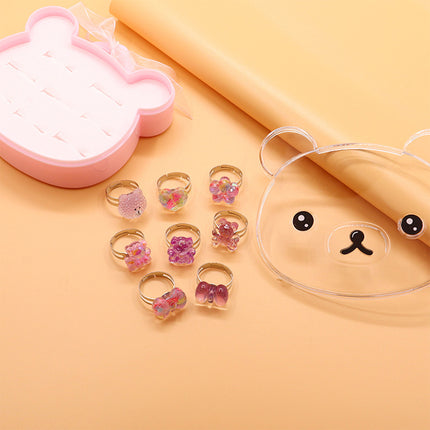 Set De 8 Anillos Infantiles De Resina Con Caja De Panda, Diseños Adorables