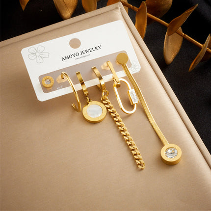 Set De Aretes De Acero De Titanio Con Cadena Asimétrica, Placa Romana Y Aros