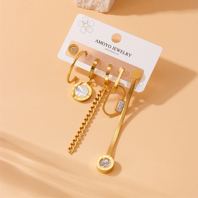 Set De Aretes De Acero De Titanio Con Cadena Asimétrica, Placa Romana Y Aros