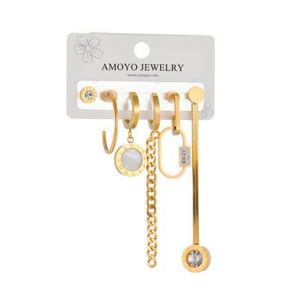 Set De Aretes De Acero De Titanio Con Cadena Asimétrica, Placa Romana Y Aros