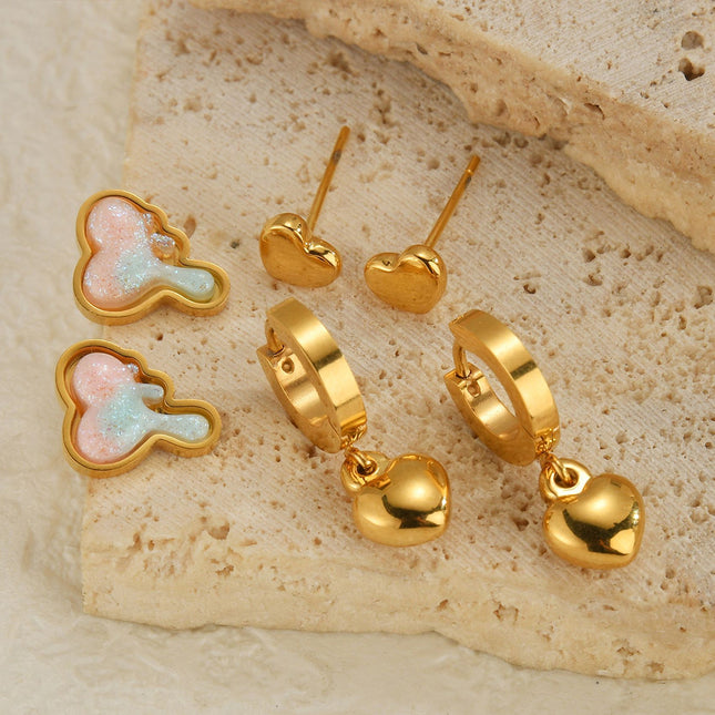 Set De Aretes Con Corazón Fluido Y Clásico Doble Estilo En Acero Inoxidable