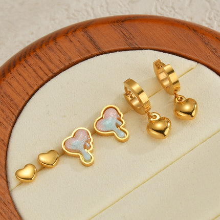 Set De Aretes Con Corazón Fluido Y Clásico Doble Estilo En Acero Inoxidable