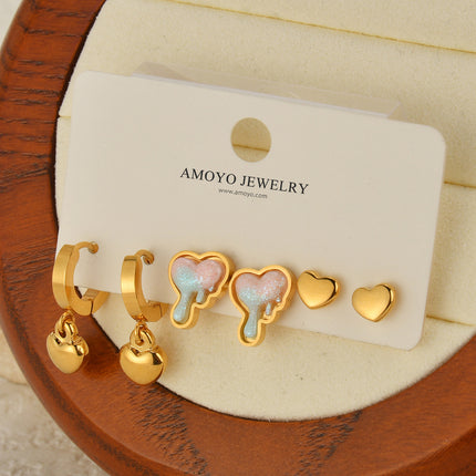 Set De Aretes Con Corazón Fluido Y Clásico Doble Estilo En Acero Inoxidable