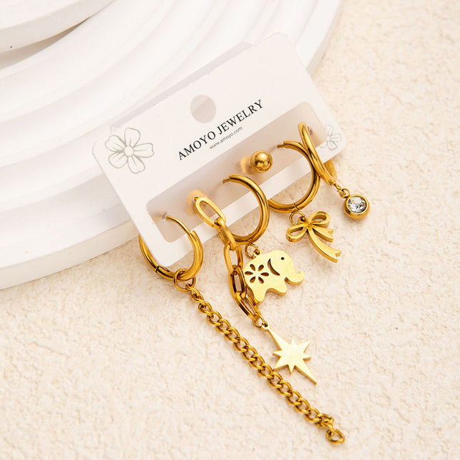 Aretes De Titanio Con Elefante, Cadena Y Lazo Set Pendiente Estilo Moda