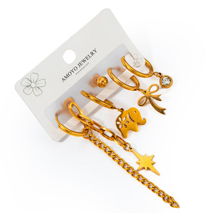 Aretes De Titanio Con Elefante, Cadena Y Lazo Set Pendiente Estilo Moda