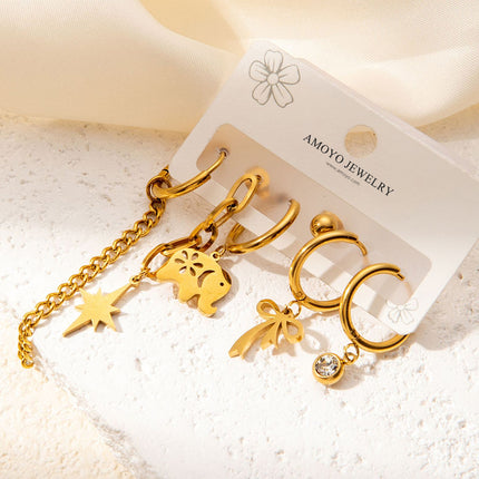 Aretes De Titanio Con Elefante, Cadena Y Lazo Set Pendiente Estilo Moda