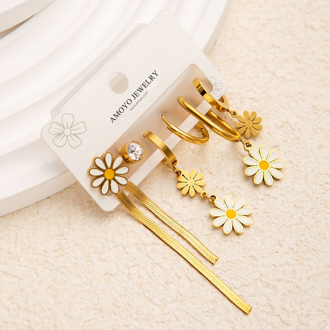 Set De Aretes De Titanio Con Flores Y Cadena Pendiente De Moda