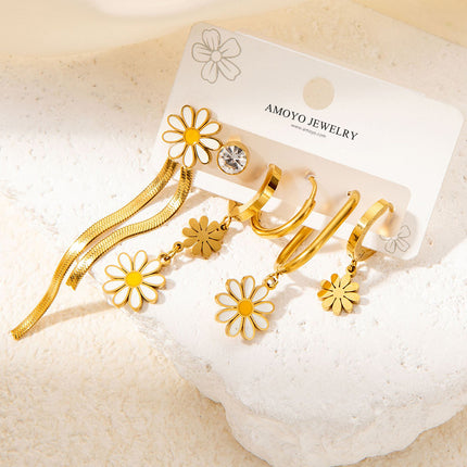 Set De Aretes De Titanio Con Flores Y Cadena Pendiente De Moda