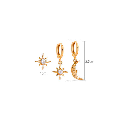 Set De Aretes Con Estrella Octogonal Y Luna Con Zircón Elegante Brillo