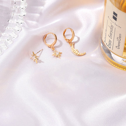 Set De Aretes Con Estrella Octogonal Y Luna Con Zircón Elegante Brillo