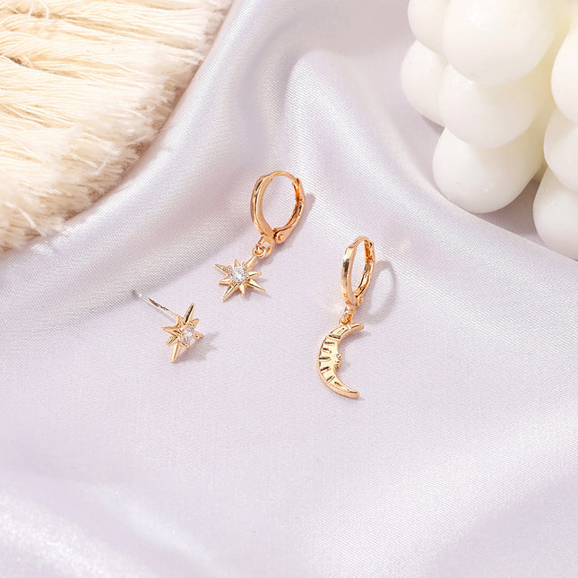 Set De Aretes Con Estrella Octogonal Y Luna Con Zircón Elegante Brillo
