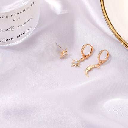 Set De Aretes Con Estrella Octogonal Y Luna Con Zircón Elegante Brillo