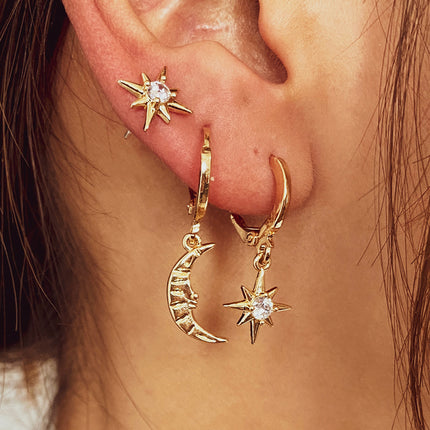 Set De Aretes Con Estrella Octogonal Y Luna Con Zircón Elegante Brillo