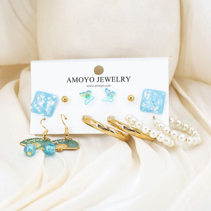 Set De Aretes Con Perlas, Abanico Y Mariposa Azul Estilo Versátil