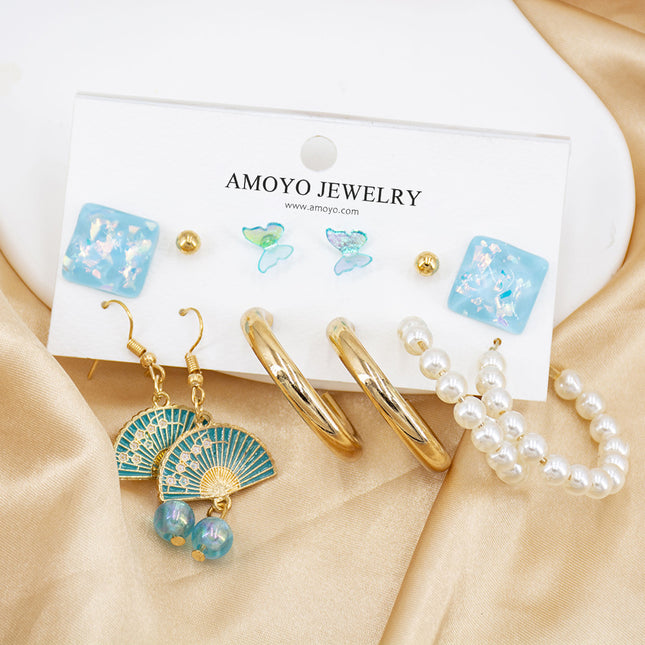 Set De Aretes Con Perlas, Abanico Y Mariposa Azul Estilo Versátil
