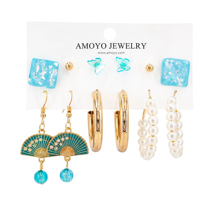 Set De Aretes Con Perlas, Abanico Y Mariposa Azul Estilo Versátil