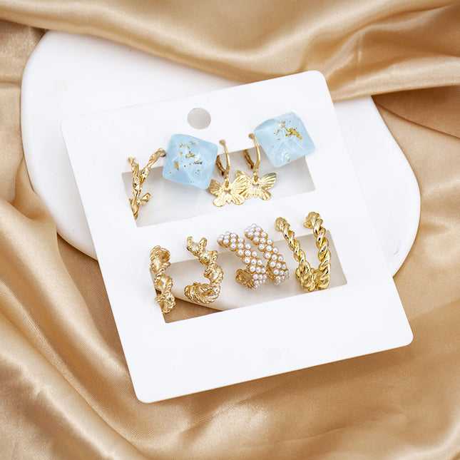 Aretes De Moda Con Cubo Azul, Mariposa Y Aros Geométricos Irregulares