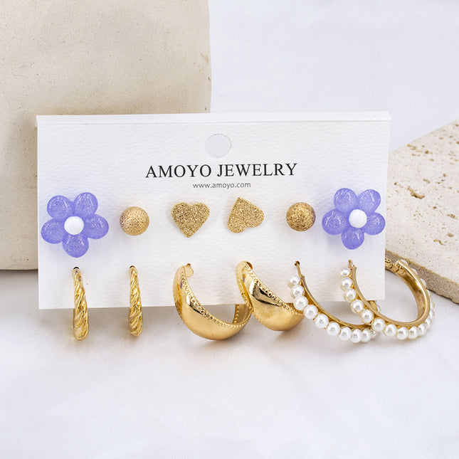 Set De Aretes Con Flor Violeta, Corazón Y Aros Geométricos Estilo Moda