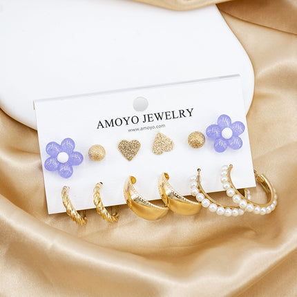 Set De Aretes Con Flor Violeta, Corazón Y Aros Geométricos Estilo Moda