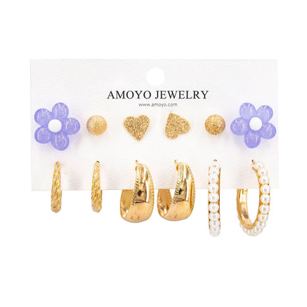 Set De Aretes Con Flor Violeta, Corazón Y Aros Geométricos Estilo Moda