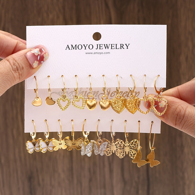 Set De Aretes Con Corazones Y Mariposas Diseños Variados En Aleación