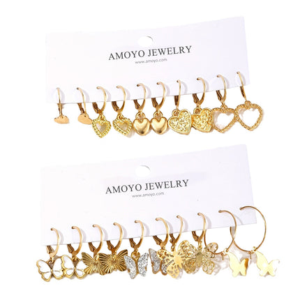 Set De Aretes Con Corazones Y Mariposas Diseños Variados En Aleación